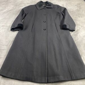Vintage Overcoat Women L Black Wool Blend Velvet Trim Button  Coat Clean